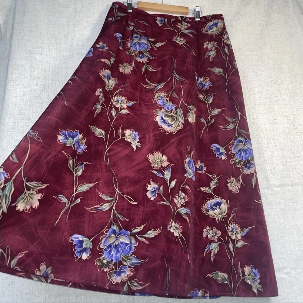 Wine Red Whimsigoth Botanical Floral Print Aline Midi Skirt Size 14